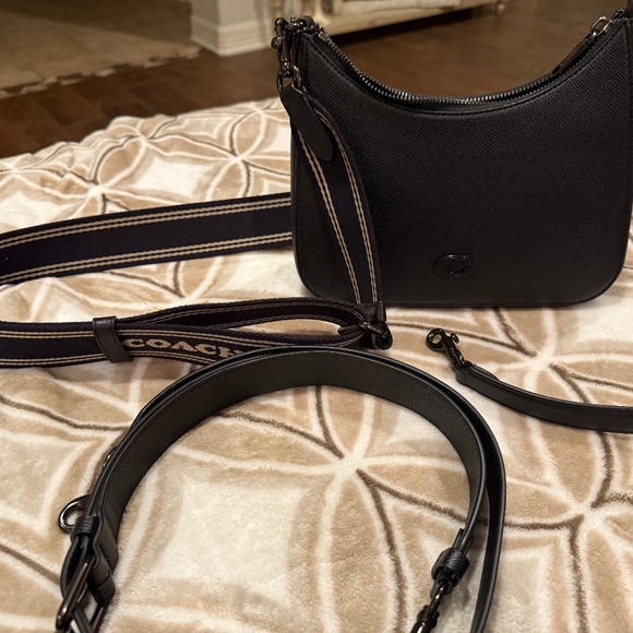 COACH Signature Coated Canvas Hobo Solid Black Crossbody - Picture 1 of 10